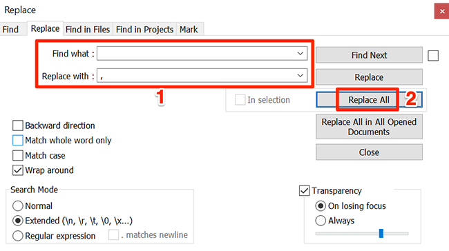 Replace window in Notepad++