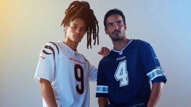 Models wearing NFL jerseys