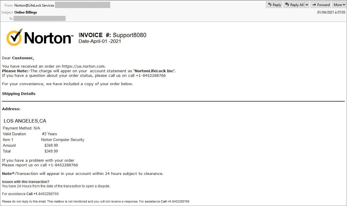Example Norton phishing email used in a similar scheme