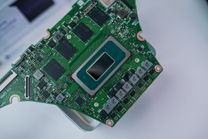 An Intel Meteor Lake processor socketed in a motherboard.