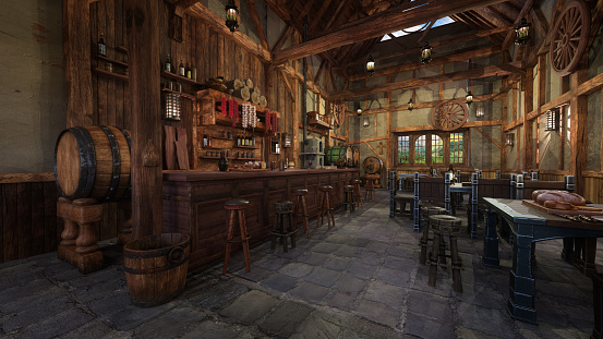 Old medieval tavern with barstools by the bar and food on tables. 3D rendering.