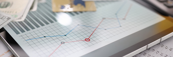 On table is tablet with commercial indicators of bank cards and banknotes