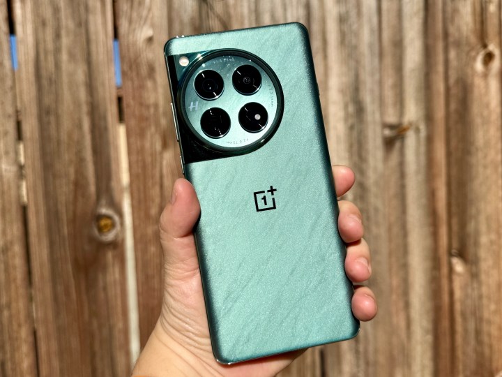 OnePlus 12 in Flowy Emerald held in hand in sunlight.