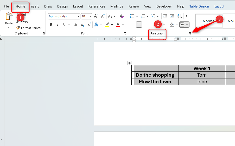 Word document showing how to access the Paragraph Settings through the 'Home' tab and 'Paragraph' group.