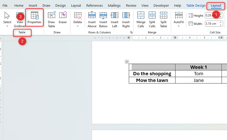 Word document showing how to access the Table Properties through the 'Layout' tab and 'Table' group.