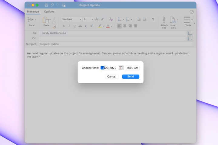 Choose the delivery date and time in Outlook.