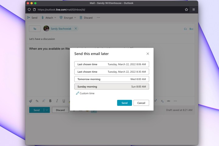 Choose the delivery date and time in Outlook.