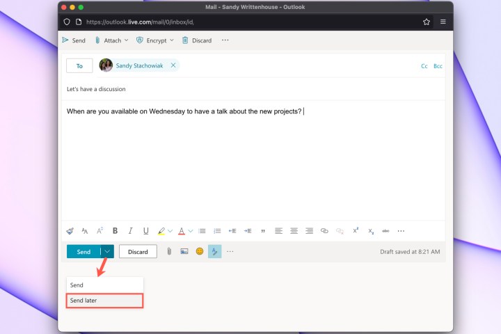 Send Later option in Outlook on the web.