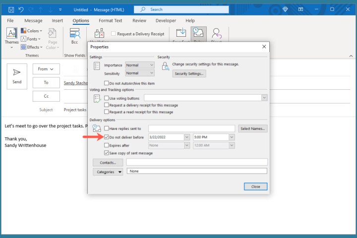 Properties box to choose the delivery date and time in Outlook.