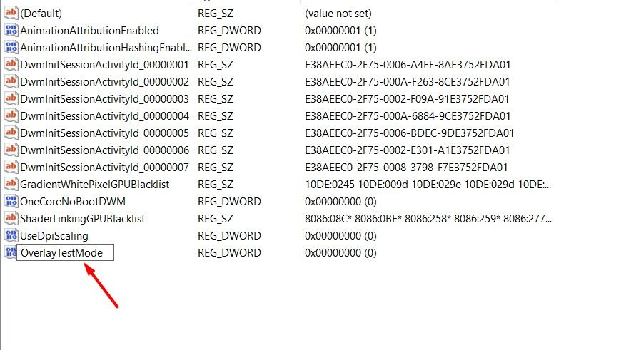 OverlayTestMode value in the Registry Editor