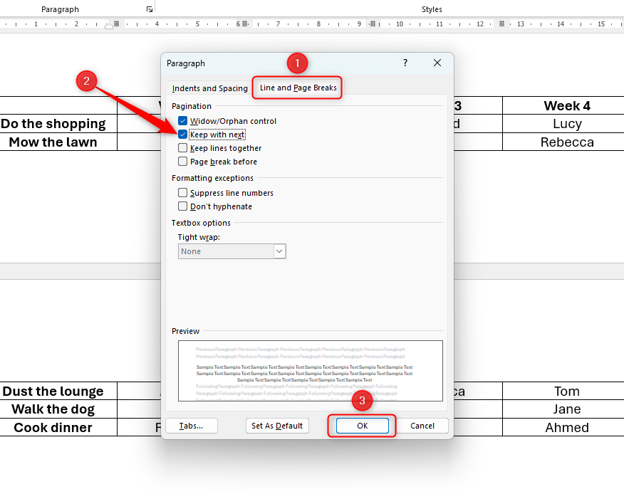 Word document showing the Paragraph Settings dialog box and how to activate the 