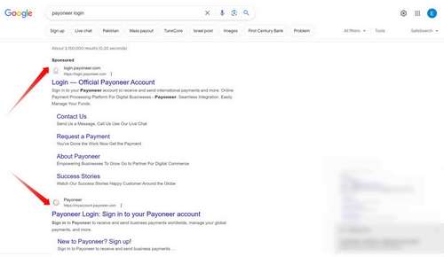 payoneer login page in search ads