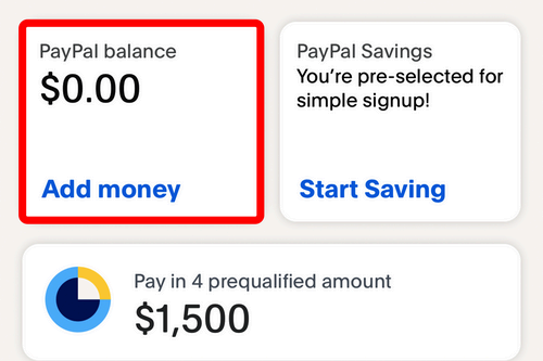 Selecting the 'Add money' button in the Paypal app.