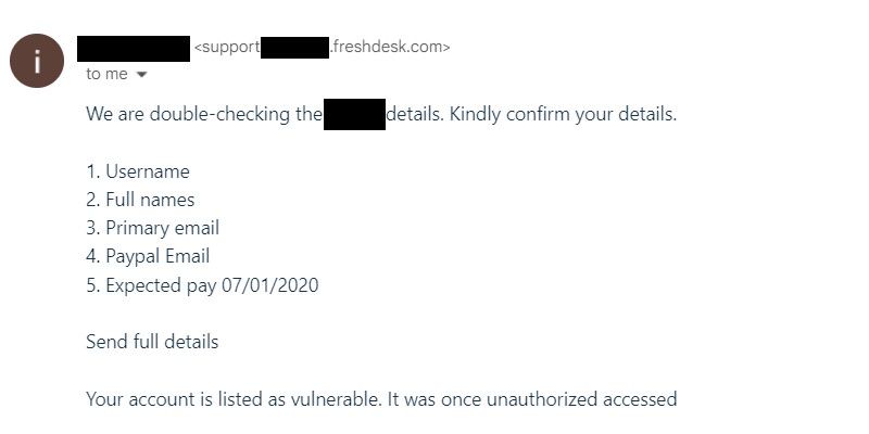 A phishing email asking for sensitve information