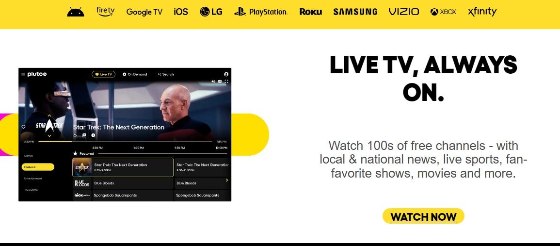 Pluto TV home screen for live TV.
