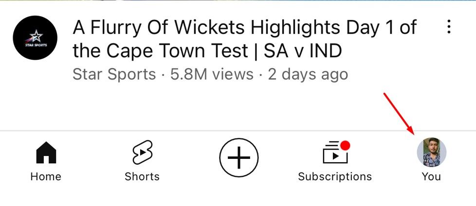 Profile icon on YouTube iPhone app.