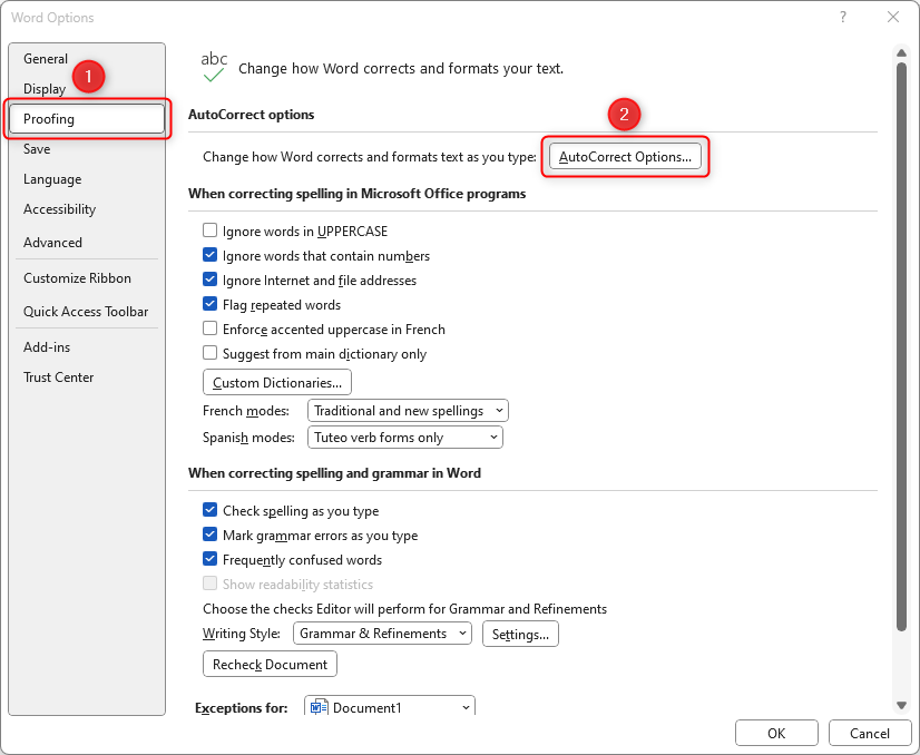 'Word Options' window with the 'Proofing' and 'AutoCorrect Options' buttons highlighted.