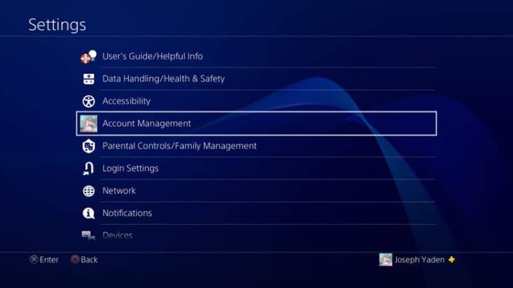 The PS4's settings menu.