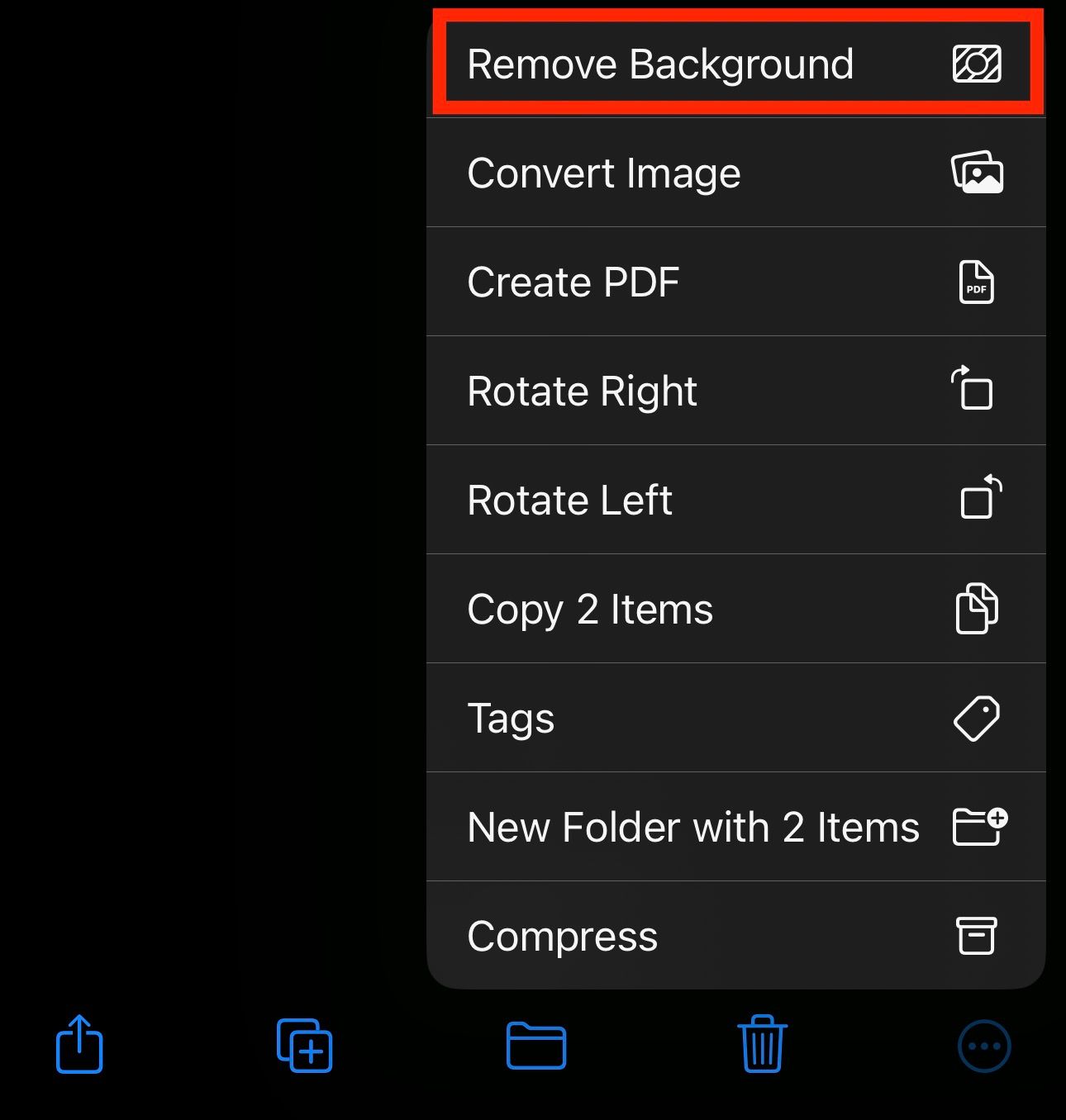 Accessing the Remove Background Quick Action in Files app on iPhone.