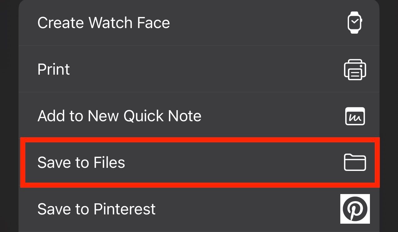 Save to Files option in iPhone Photos app's Share menu.