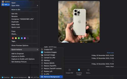 Using the Remove Background Quick Action to remove an image's background in Finder.