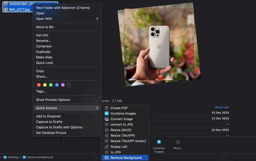 Using the Remove Background Quick Action to remove backgrounds of multiple images at once in Finder.