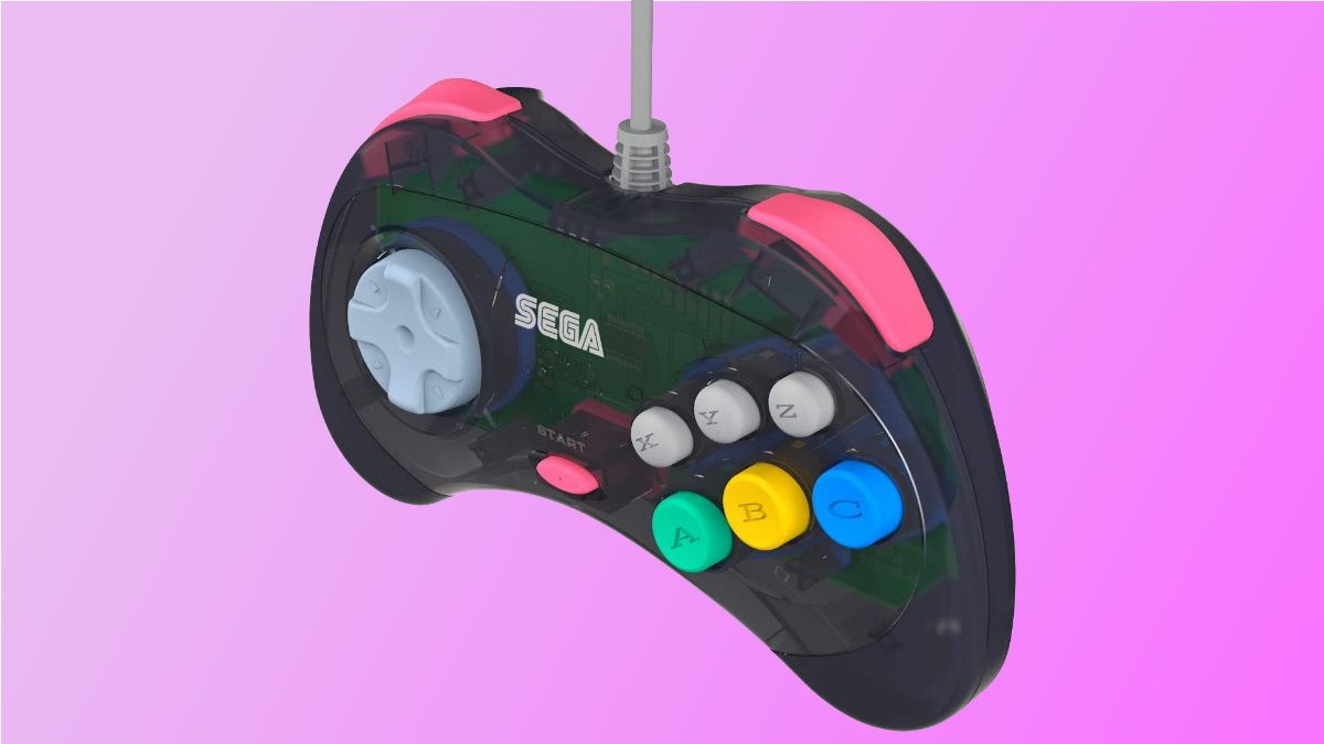 Retro-Bit Saturn controller on pink background