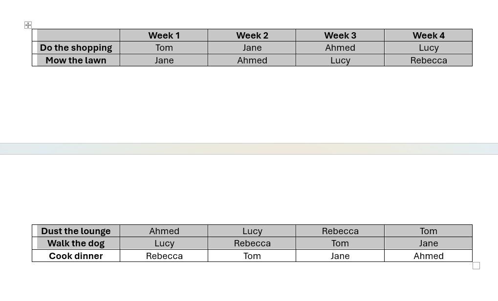 Word document showing a table spanning two pages with all rows highlighted, including the header row but excluding the bottom row.