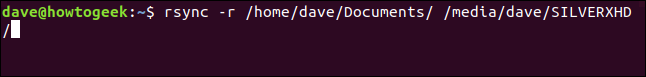 rsync -r /home/dave/Documents/ /media/dave/SILVERXHD/ in a terminal window