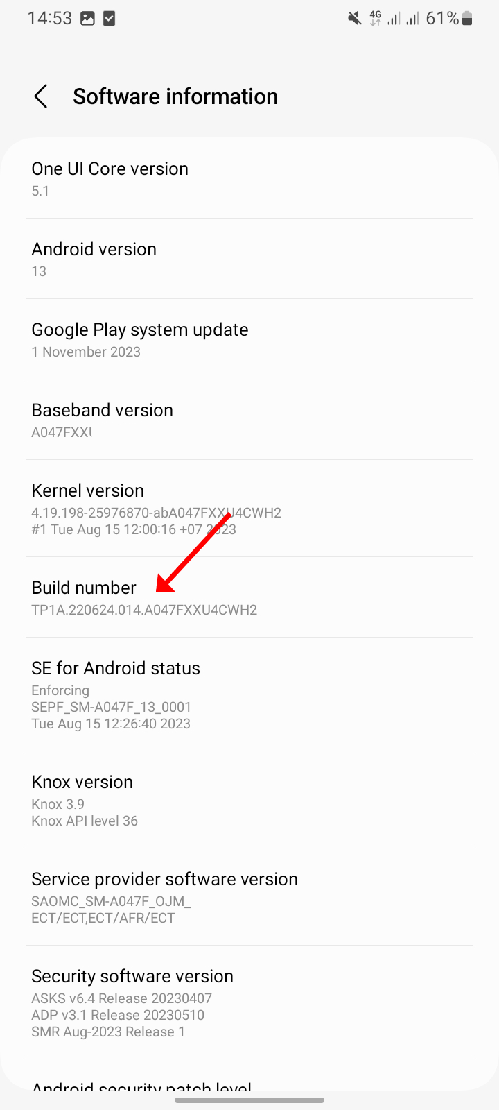 Software information page showing Android build number.