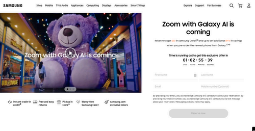 A screenshot of Samsung's website offering reserve credits for the Galaxy S24.