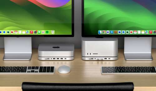 A Mac Mini and Mac Studio, both with Thunderbolt hubs underneath them