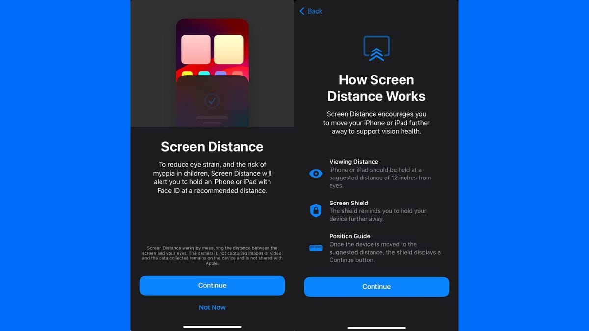 Two screenshots side-by-side. On the left, the screen reads Screen Distance and on the right the screen reads How Screen Distance Works