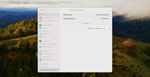 The Printers & Scanners window in macOS.