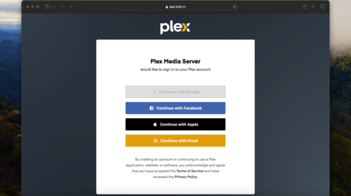 Sign in box to access Plex Media Server on a MacBook.