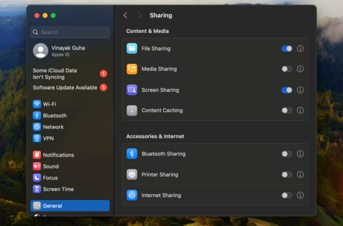 Mac's Sharing Settings, which shows Internet Sharing as one of the options.