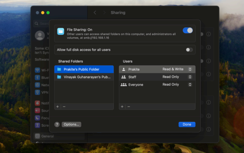 The File Sharing window on a Mac, which lists folders that authorized users can access.