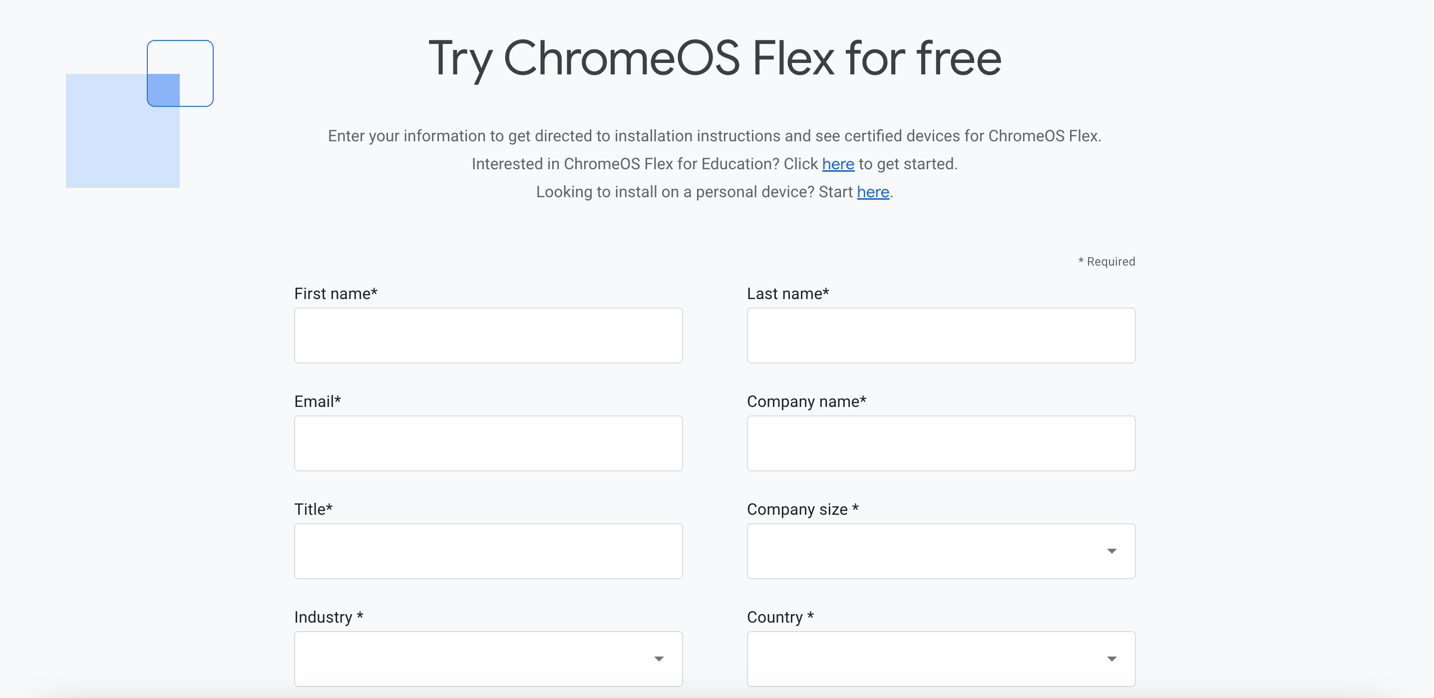 A page displaying details a user needs to enter to download ChromeOS Flex.