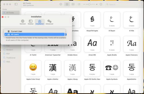 Selecting All Users from Font Book's Installation menu.