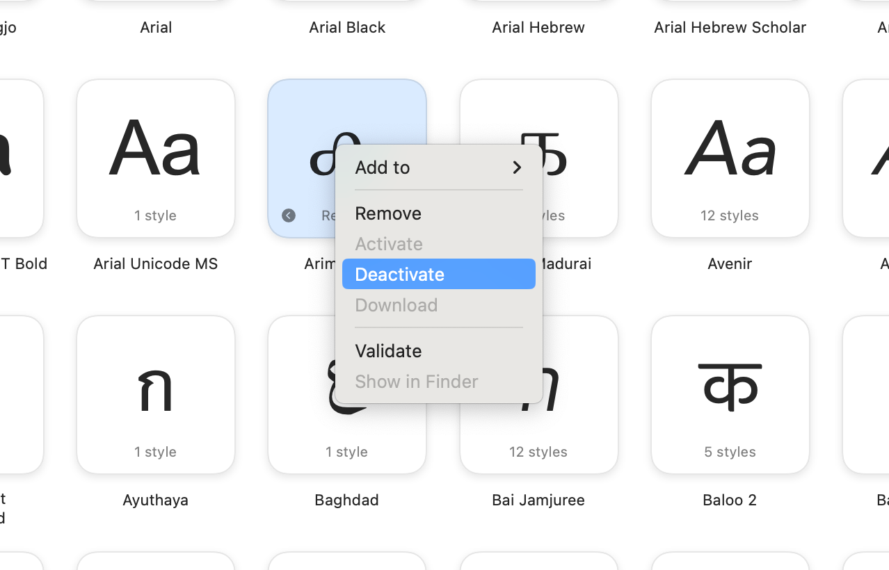 The deactivate option in Font Book.