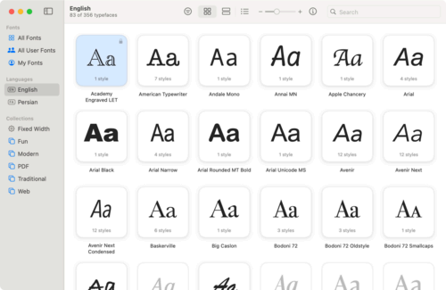 Grid view in Font Book.