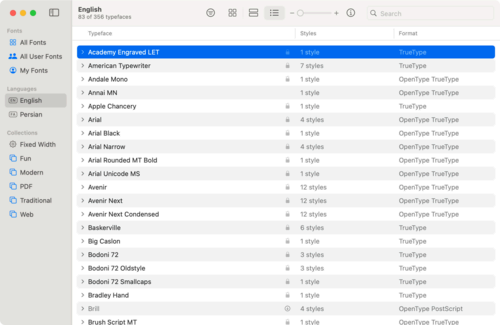 List view in Font Book.