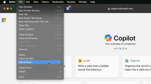 Select Add to Dock to save Copilot as a web app in your Mac Dock.