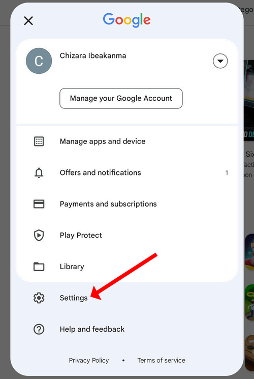 Options in the menu bar of Google Play Store. An arrow points to 'Settings'.
