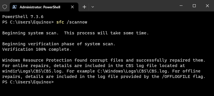 The results of sfc /scannow on our example PC. It returned some problems, but SFC repaired them. 