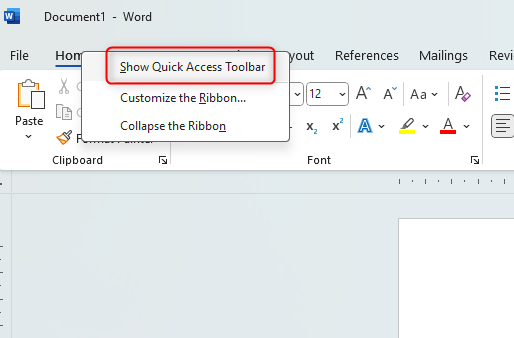 Microsoft Word window showing how to access the Quick Access Toolbar.