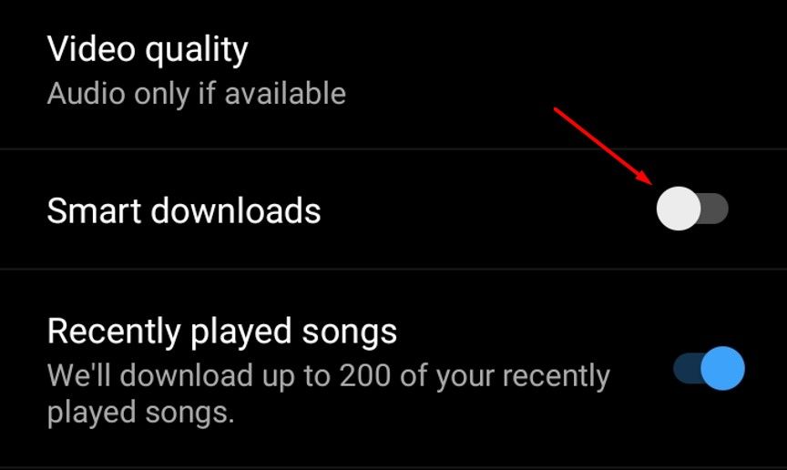 Smart Downloads toggle on Android YouTube Music app.