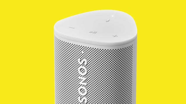 Upper part of a Sonos Roam speaker on a yellow background