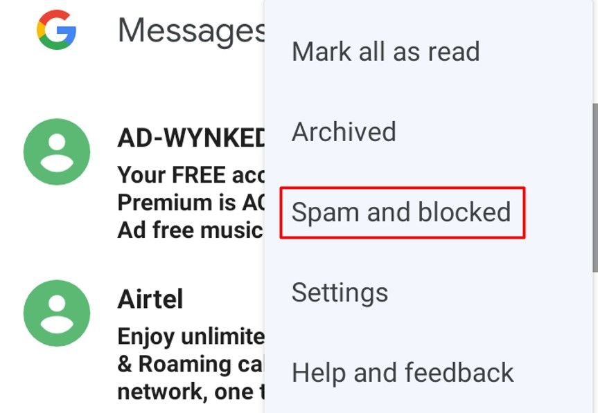 Spam and Blocked option in the Google Messages app.