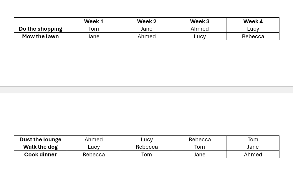 Word document containing a table that is split over two pages.